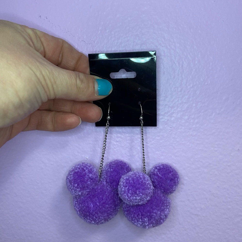 Purple Mickey Pom Pom Earrings